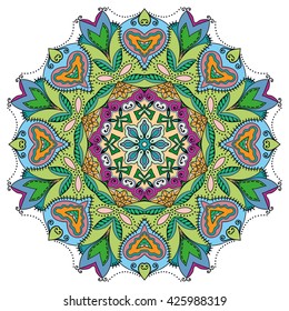 Mandala flower decoration, oriental pattern, isolated design element. Zentangle style decor for coloring book page. Tribal ethnic floral mandala round ornament, doodle art. Vector geometric background