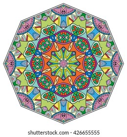 Mandala flower decoration, oriental pattern, isolated design element. Zentangle style decor for coloring book page. Tribal ethnic floral mandala round ornament, doodle art. Vector geometric background
