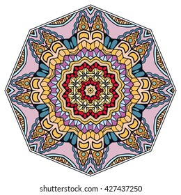 Mandala flower decoration, oriental pattern, isolated design element. Zentangle style decor for coloring book page. Tribal ethnic floral mandala round ornament, doodle art. Vector geometric background