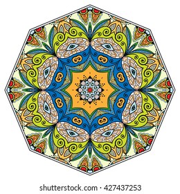 Mandala flower decoration, oriental pattern, isolated design element. Zentangle style decor for coloring book page. Tribal ethnic floral mandala round ornament, doodle art. Vector geometric background