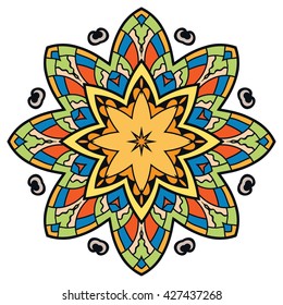 Mandala flower decoration, oriental pattern, isolated design element. Zentangle style decor for coloring book page. Tribal ethnic floral mandala round ornament, doodle art. Vector geometric background