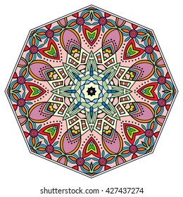 Mandala flower decoration, oriental pattern, isolated design element. Zentangle style decor for coloring book page. Tribal ethnic floral mandala round ornament, doodle art. Vector geometric background