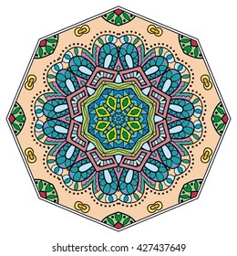 Mandala flower decoration, oriental pattern, isolated design element. Zentangle style decor for coloring book page. Tribal ethnic floral mandala round ornament, doodle art. Vector geometric background