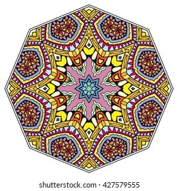 Mandala flower decoration, oriental pattern, isolated design element. Zentangle style decor for coloring book page. Tribal ethnic floral mandala round ornament, doodle art. Vector geometric background