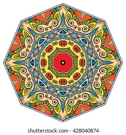 Mandala flower decoration, oriental pattern, isolated design element. Zentangle style decor for coloring book page. Tribal ethnic floral mandala round ornament, doodle art. Vector geometric background