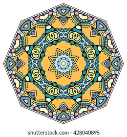 Mandala flower decoration, oriental pattern, isolated design element. Zentangle style decor for coloring book page. Tribal ethnic floral mandala round ornament, doodle art. Vector geometric background