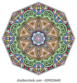 Mandala flower decoration, oriental pattern, isolated design element. Zentangle style decor for coloring book page. Tribal ethnic floral mandala round ornament, doodle art. Vector geometric background