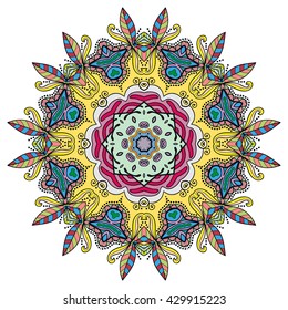 Mandala flower decoration, oriental pattern, isolated design element. Zentangle style decor for coloring book page. Tribal ethnic floral mandala round ornament, doodle art. Vector geometric background