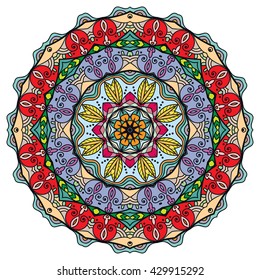 Mandala flower decoration, oriental pattern, isolated design element. Zentangle style decor for coloring book page. Tribal ethnic floral mandala round ornament, doodle art. Vector geometric background
