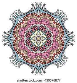 Mandala flower decoration, oriental pattern, isolated design element. Zentangle style decor for coloring book page. Tribal ethnic floral mandala round ornament, doodle art. Vector geometric background