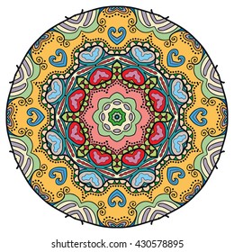 Mandala flower decoration, oriental pattern, isolated design element. Zentangle style decor for coloring book page. Tribal ethnic floral mandala round ornament, doodle art. Vector geometric background