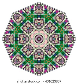 Mandala flower decoration, oriental pattern, isolated design element. Zentangle style decor for coloring book page. Tribal ethnic floral mandala round ornament, doodle art. Vector geometric background