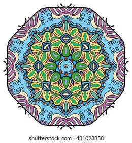 Mandala flower decoration, oriental pattern, isolated design element. Zentangle style decor for coloring book page. Tribal ethnic floral mandala round ornament, doodle art. Vector geometric background