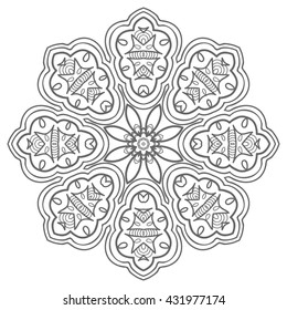 Mandala flower decoration, oriental pattern, isolated design element. Zentangle style decor for coloring book page. Tribal ethnic floral mandala round ornament, doodle art. Vector geometric background