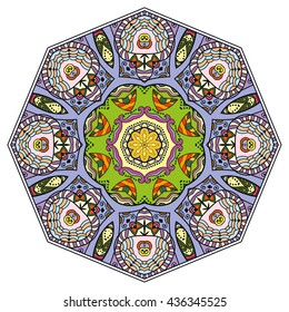 Mandala flower decoration, oriental pattern, isolated design element. Zentangle style decor for coloring book page. Vector geometric floral background. Tribal ethnic arabic, indian, turkish ornament