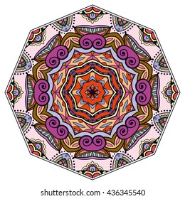 Mandala flower decoration, oriental pattern, isolated design element. Zentangle style decor for coloring book page. Vector geometric floral background. Tribal ethnic arabic, indian, turkish ornament