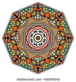 Mandala flower decoration, oriental pattern, isolated design element. Zentangle style decor for coloring book page. Vector geometric floral background. Tribal ethnic arabic, indian, turkish ornament