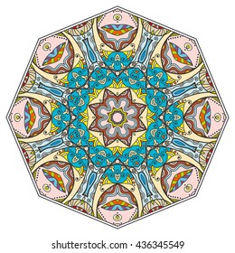 Mandala flower decoration, oriental pattern, isolated design element. Zentangle style decor for coloring book page. Vector geometric floral background. Tribal ethnic arabic, indian, turkish ornament