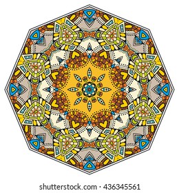 Mandala flower decoration, oriental pattern, isolated design element. Zentangle style decor for coloring book page. Vector geometric floral background. Tribal ethnic arabic, indian, turkish ornament