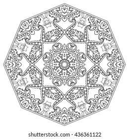 Mandala flower decoration, oriental pattern, isolated design element. Zentangle style decor for coloring book page. Tribal ethnic floral mandala round ornament, doodle art. Vector geometric background