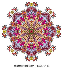 Mandala flower decoration, oriental pattern, isolated design element. Zentangle style decor for coloring book page. Vector geometric floral background. Tribal ethnic arabic, indian, turkish ornament