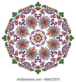 Mandala flower decoration, oriental pattern, isolated design element. Zentangle style decor for coloring book page. Vector geometric floral background. Tribal ethnic arabic, indian, turkish ornament
