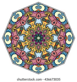 Mandala flower decoration, oriental pattern, isolated design element. Zentangle style decor for coloring book page. Tribal ethnic floral mandala round ornament, doodle art. Vector geometric background