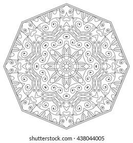 Mandala flower decoration, oriental pattern, isolated design element. Zentangle style decor for coloring book page. Tribal ethnic floral mandala round ornament, doodle art. Vector geometric background