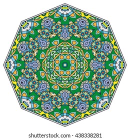 Mandala flower decoration, oriental pattern, isolated design element. Zentangle style decor for coloring book page. Vector geometric floral background. Tribal ethnic arabic, indian, turkish ornament