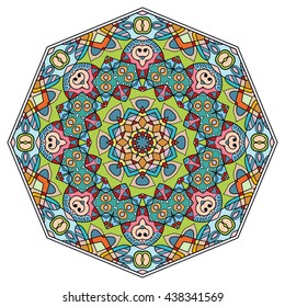 Mandala flower decoration, oriental pattern, isolated design element. Zentangle style decor for coloring book page. Vector geometric floral background. Tribal ethnic arabic, indian, turkish ornament