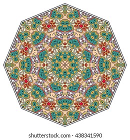 Mandala flower decoration, oriental pattern, isolated design element. Zentangle style decor for coloring book page. Vector geometric floral background. Tribal ethnic arabic, indian, turkish ornament