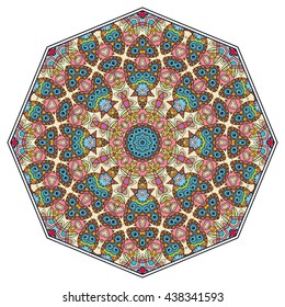 Mandala flower decoration, oriental pattern, isolated design element. Zentangle style decor for coloring book page. Vector geometric floral background. Tribal ethnic arabic, indian, turkish ornament