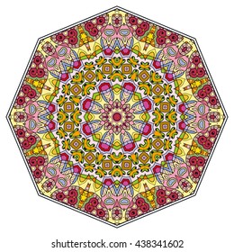Mandala flower decoration, oriental pattern, isolated design element. Zentangle style decor for coloring book page. Vector geometric floral background. Tribal ethnic arabic, indian, turkish ornament