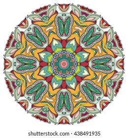 Mandala flower decoration, oriental pattern, isolated design element. Zentangle style decor for coloring book page. Vector geometric floral background. Tribal ethnic arabic, indian, turkish ornament