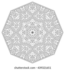 Mandala flower decoration, oriental pattern, isolated design element. Zentangle style decor for coloring book page. Tribal ethnic floral mandala round ornament, doodle art. Vector geometric background