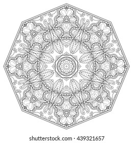 Mandala flower decoration, oriental pattern, isolated design element. Zentangle style decor for coloring book page. Tribal ethnic floral mandala round ornament, doodle art. Vector geometric background