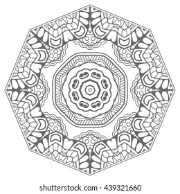 Mandala flower decoration, oriental pattern, isolated design element. Zentangle style decor for coloring book page. Tribal ethnic floral mandala round ornament, doodle art. Vector geometric background