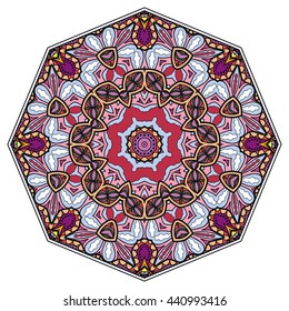 Mandala flower decoration, oriental pattern, isolated design element. Zentangle style decor for coloring book page. Vector geometric floral background. Tribal ethnic arabic, indian, turkish ornament