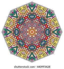 Mandala flower decoration, oriental pattern, isolated design element. Zentangle style decor for coloring book page. Vector geometric floral background. Tribal ethnic arabic, indian, turkish ornament