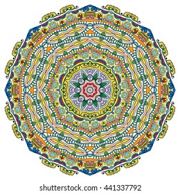 Mandala flower decoration, oriental pattern, isolated design element. Zentangle style decor for coloring book page. Vector geometric floral background. Tribal ethnic arabic, indian, turkish ornament