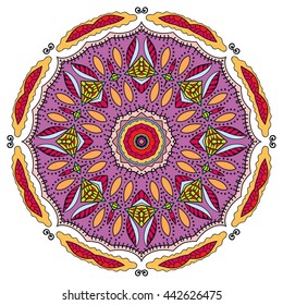 Mandala flower decoration, oriental pattern, isolated design element. Zentangle style decor for coloring book page. Vector geometric floral background. Tribal ethnic arabic, indian, turkish ornament