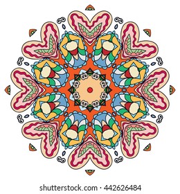 Mandala flower decoration, oriental pattern, isolated design element. Zentangle style decor for coloring book page. Vector geometric floral background. Tribal ethnic arabic, indian, turkish ornament