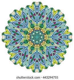 Mandala flower decoration, oriental pattern, isolated design element. Zentangle style decor for coloring book page. Vector geometric floral background. Tribal ethnic arabic, indian, turkish ornament