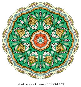 Mandala flower decoration, oriental pattern, isolated design element. Zentangle style decor for coloring book page. Vector geometric floral background. Tribal ethnic arabic, indian, turkish ornament