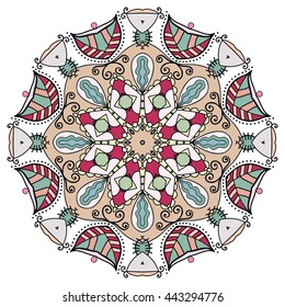 Mandala flower decoration, oriental pattern, isolated design element. Zentangle style decor for coloring book page. Vector geometric floral background. Tribal ethnic arabic, indian, turkish ornament