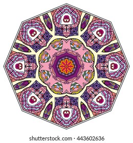 Mandala flower decoration, oriental pattern, isolated design element. Zentangle style decor for coloring book page. Vector geometric floral background. Tribal ethnic arabic, indian, turkish ornament