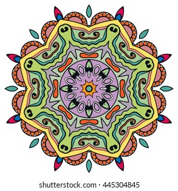 Mandala flower decoration, oriental pattern, isolated design element. Zentangle style decor for coloring book page. Vector geometric floral background. Tribal ethnic arabic, indian, turkish ornament
