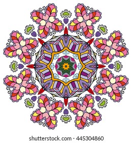 Mandala flower decoration, oriental pattern, isolated design element. Zentangle style decor for coloring book page. Vector geometric floral background. Tribal ethnic arabic, indian, turkish ornament