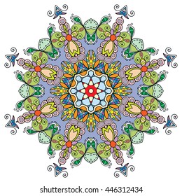 Mandala flower decoration, oriental pattern, isolated design element. Zentangle style decor for coloring book page. Vector geometric floral background. Tribal ethnic arabic, indian, turkish ornament