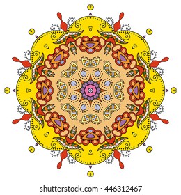 Mandala flower decoration, oriental pattern, isolated design element. Zentangle style decor for coloring book page. Vector geometric floral background. Tribal ethnic arabic, indian, turkish ornament